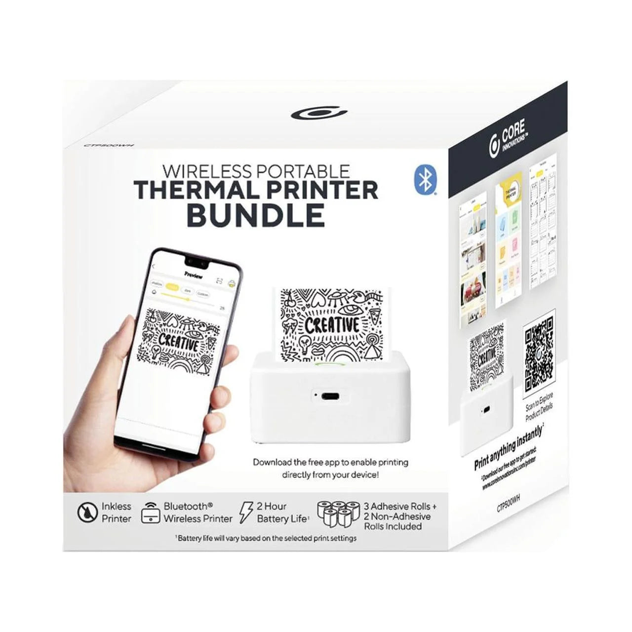 Core Innovations CTP500 Wireless Mini Portable Inkless Thermal Printer & Label Maker + Paper, Android & Ios (White)